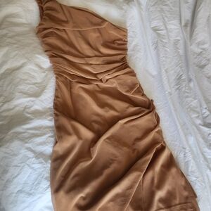 Angel Faahions Chic Asymmetrical Tan Dress Sz M